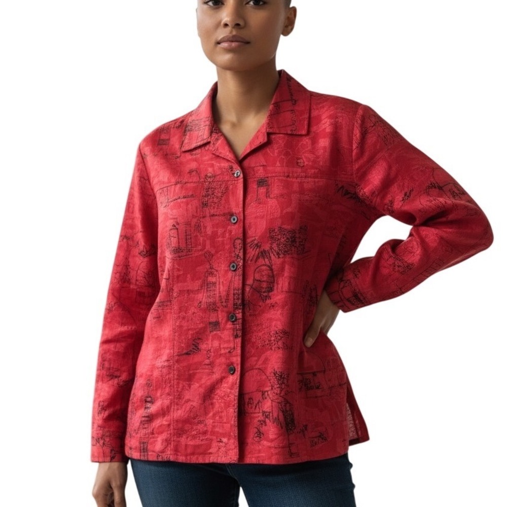CHICO'S Jacket Med 1 US 8 Red‎ Ethnic Printed Button Linen Silk Top Artsy Boho